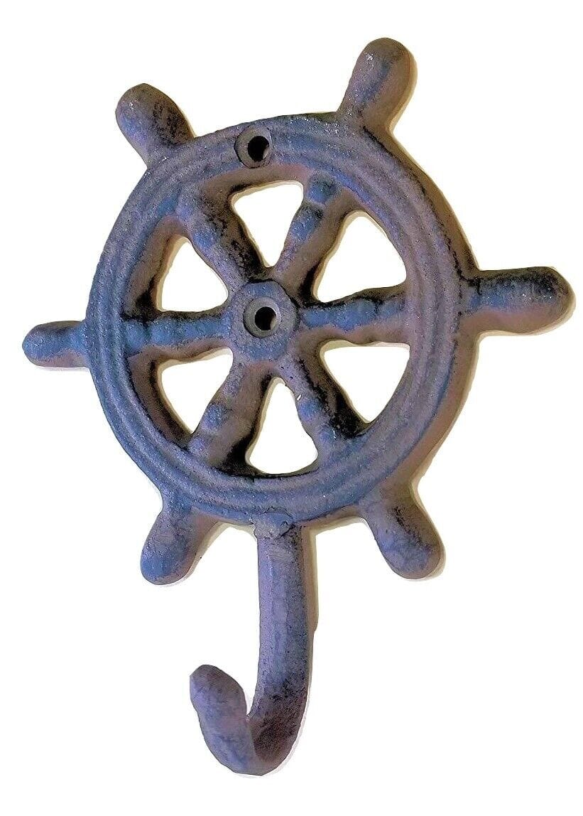 2pc Cast Iron Ships Wheel Helm Wall Hooks