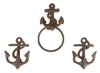3pc Nautical Anchor Towel Ring and Hook Set Cast Iron bath accessories Carvers Olde Iron 