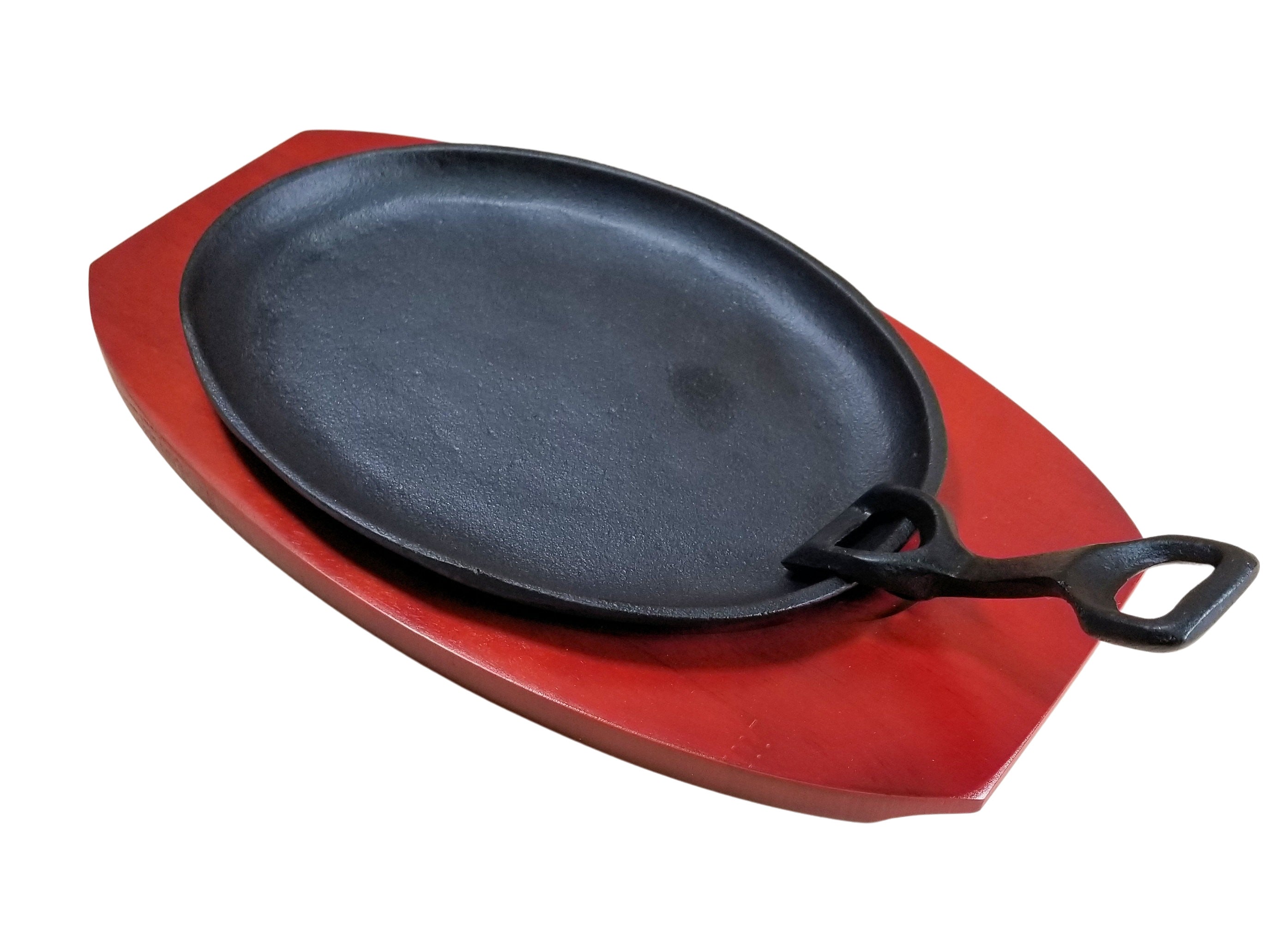 2 pc Large Cast Iron Fajita Steak Plate w/ Wooden Platter and Handle