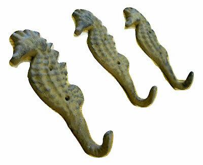 3 pc Cast Iron Seahorse Hooks Nautical Beach