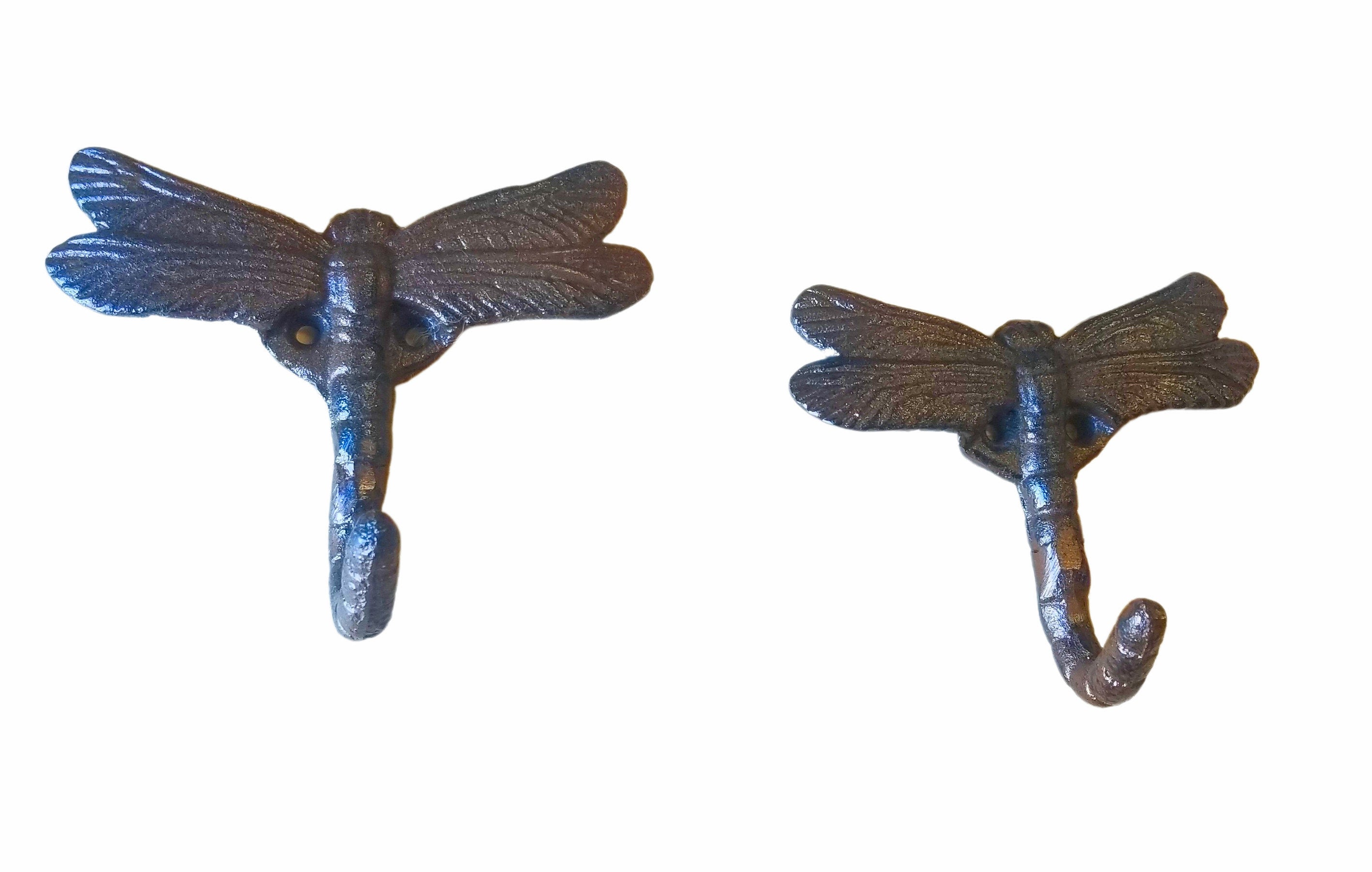 2 pc Dragonfly Wall Hooks Cast Iron Brown Finish