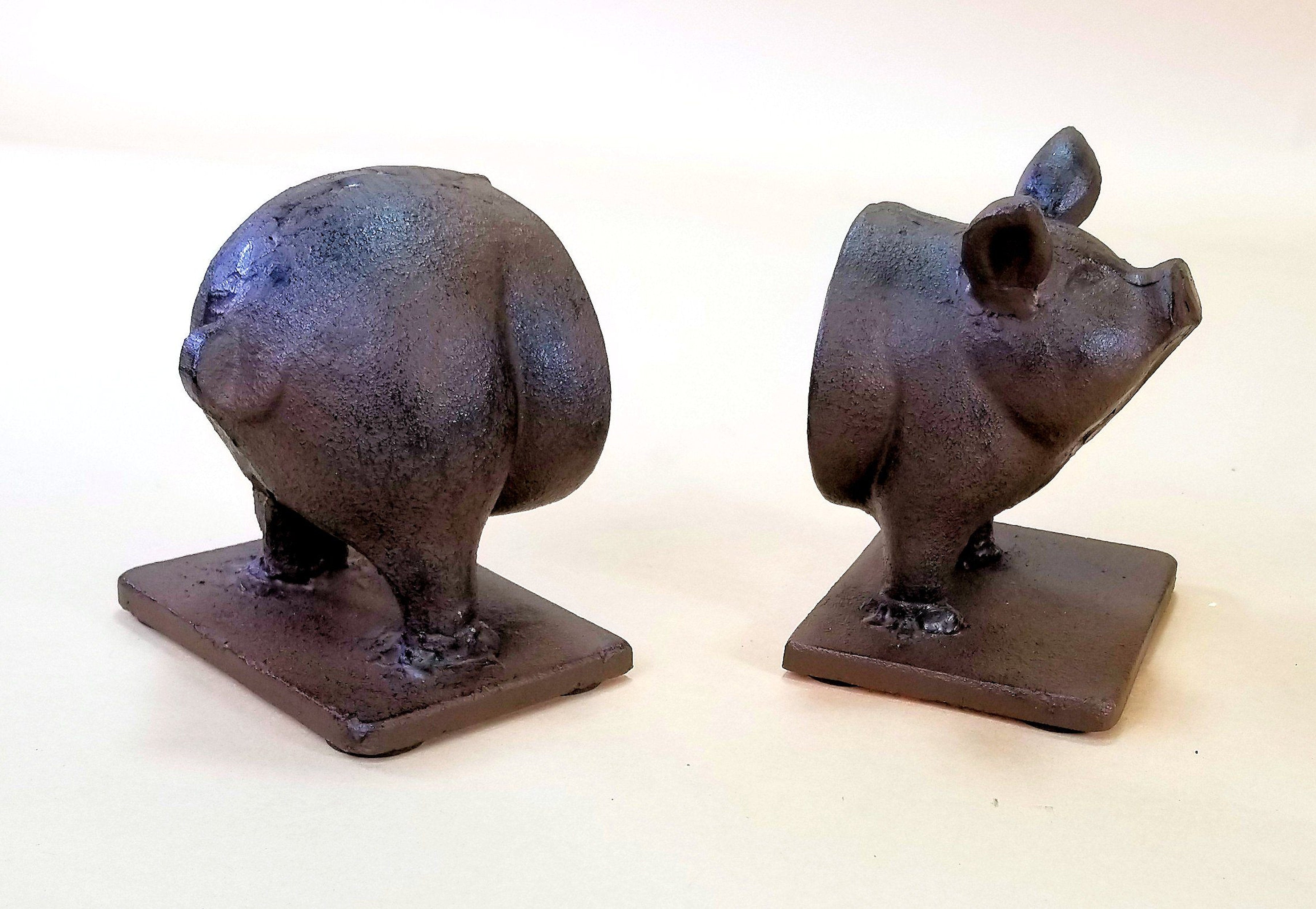 2 pc Cast Iron Pig Bookends Heavy Heirloom Quality