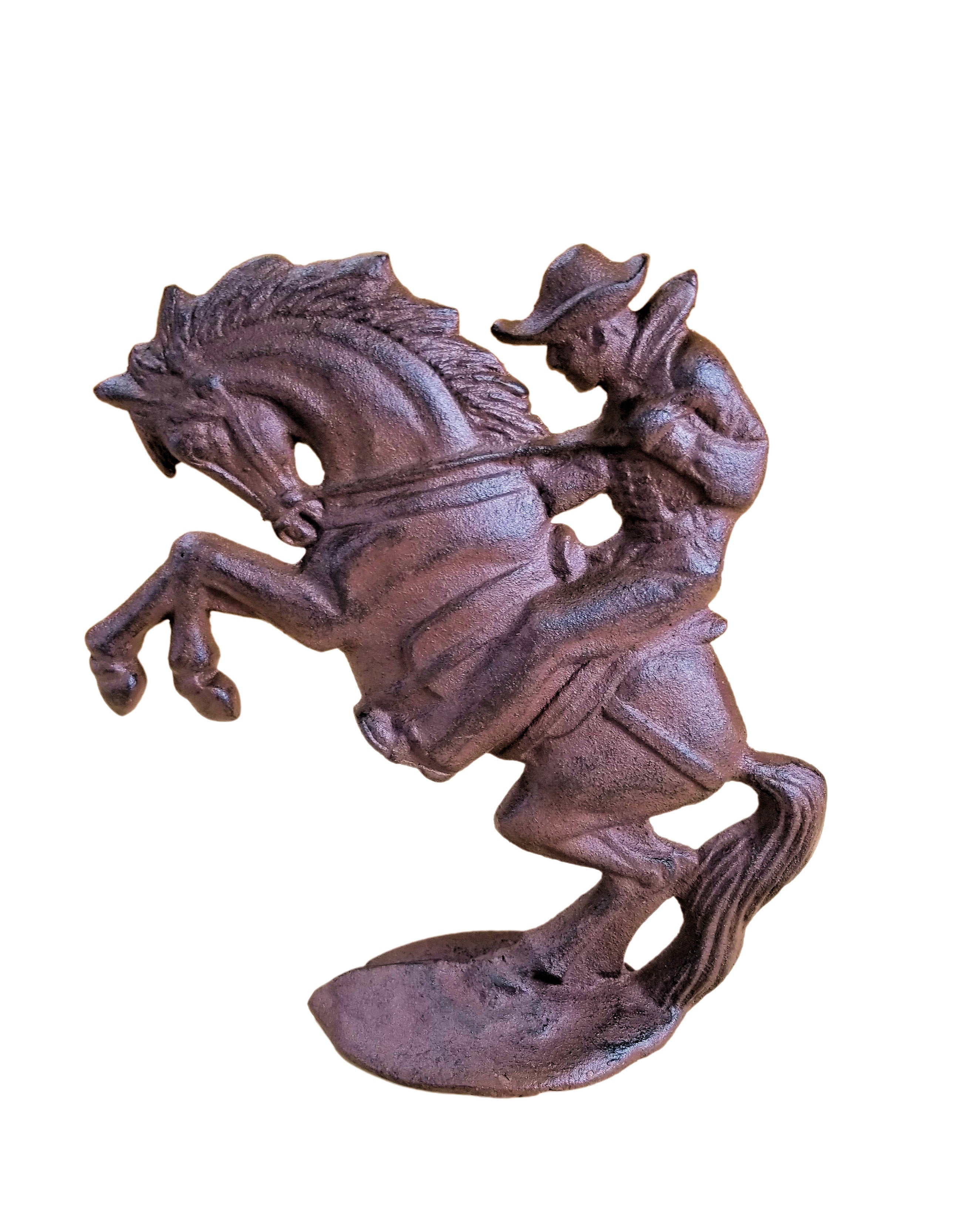 Rustic Brown Cast Iron Cowboy and Bronco Doorstop Western Equine