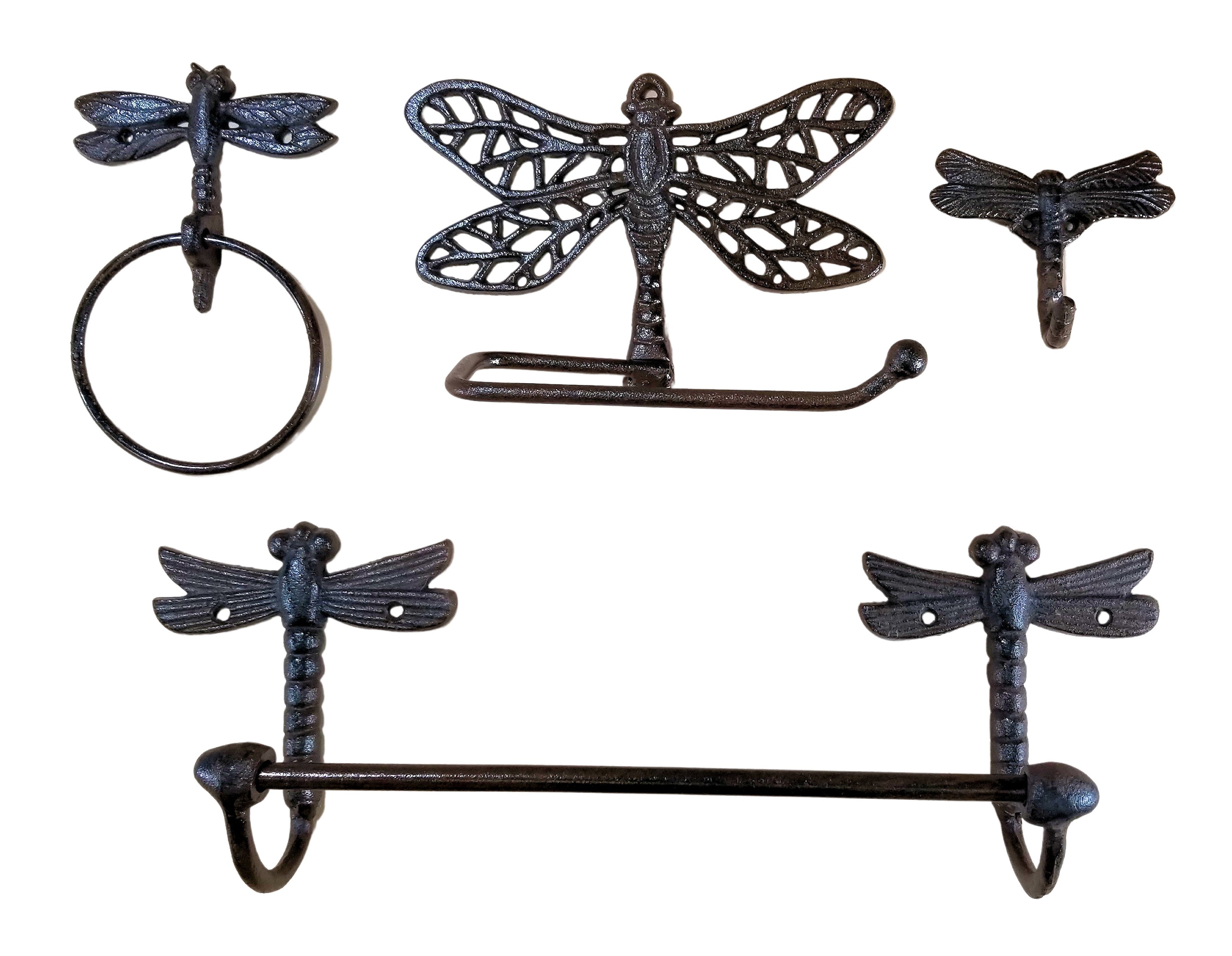 4 pc Cast Iron Dragonfly Bathroom Accessory Set Rustic Brown