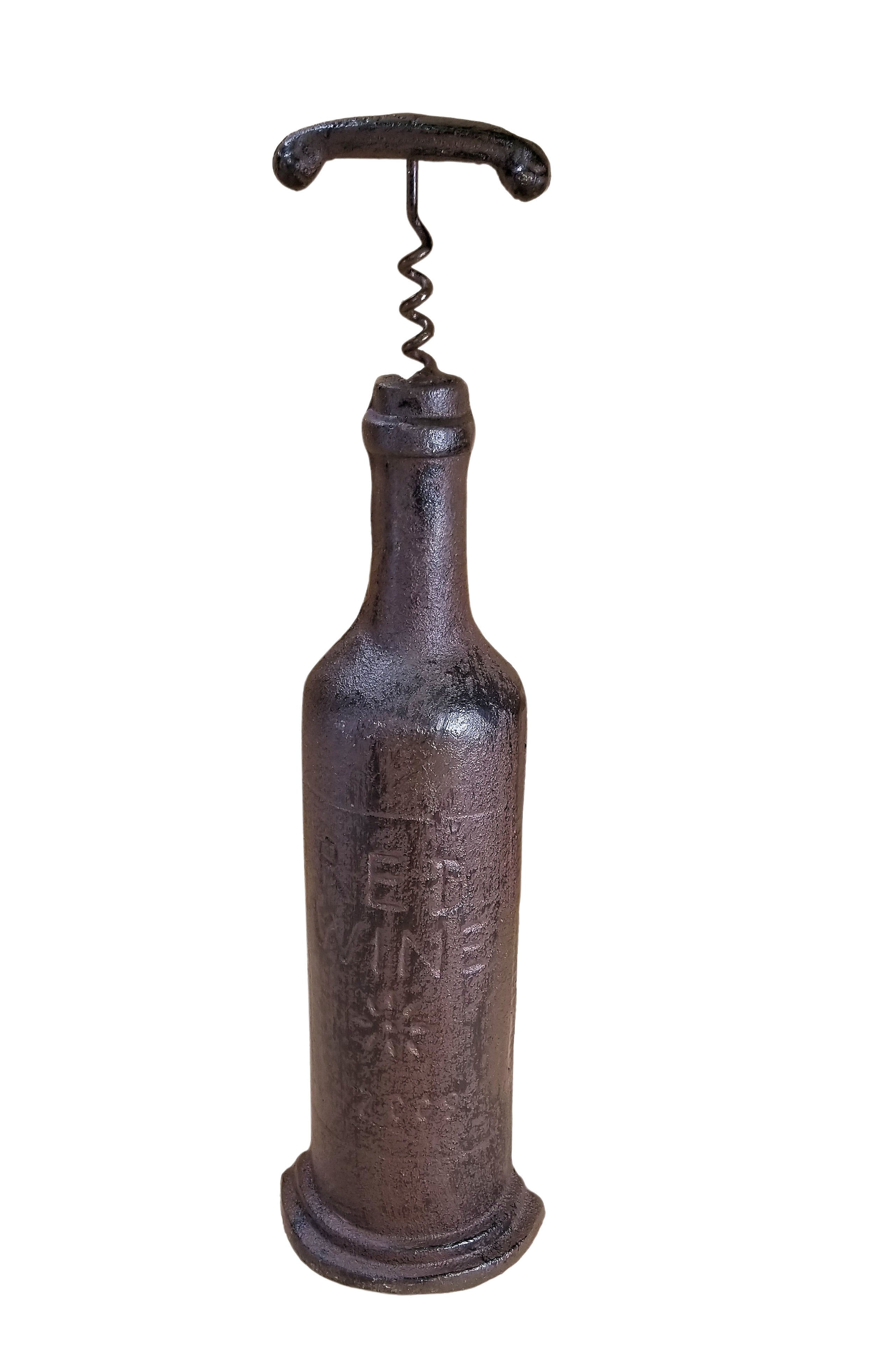 Cast Iron Wine Bottle Doorstop w/corkscrew handle