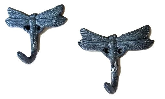 2 pc Natural Cast Iron Dragonfly Wall Hooks with hardware