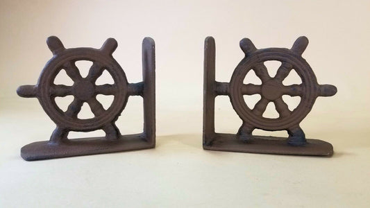 Heavy Nautical Ships Wheel Bookends Cast Iron Vintage Look Book Ends Carvers Olde Iron 