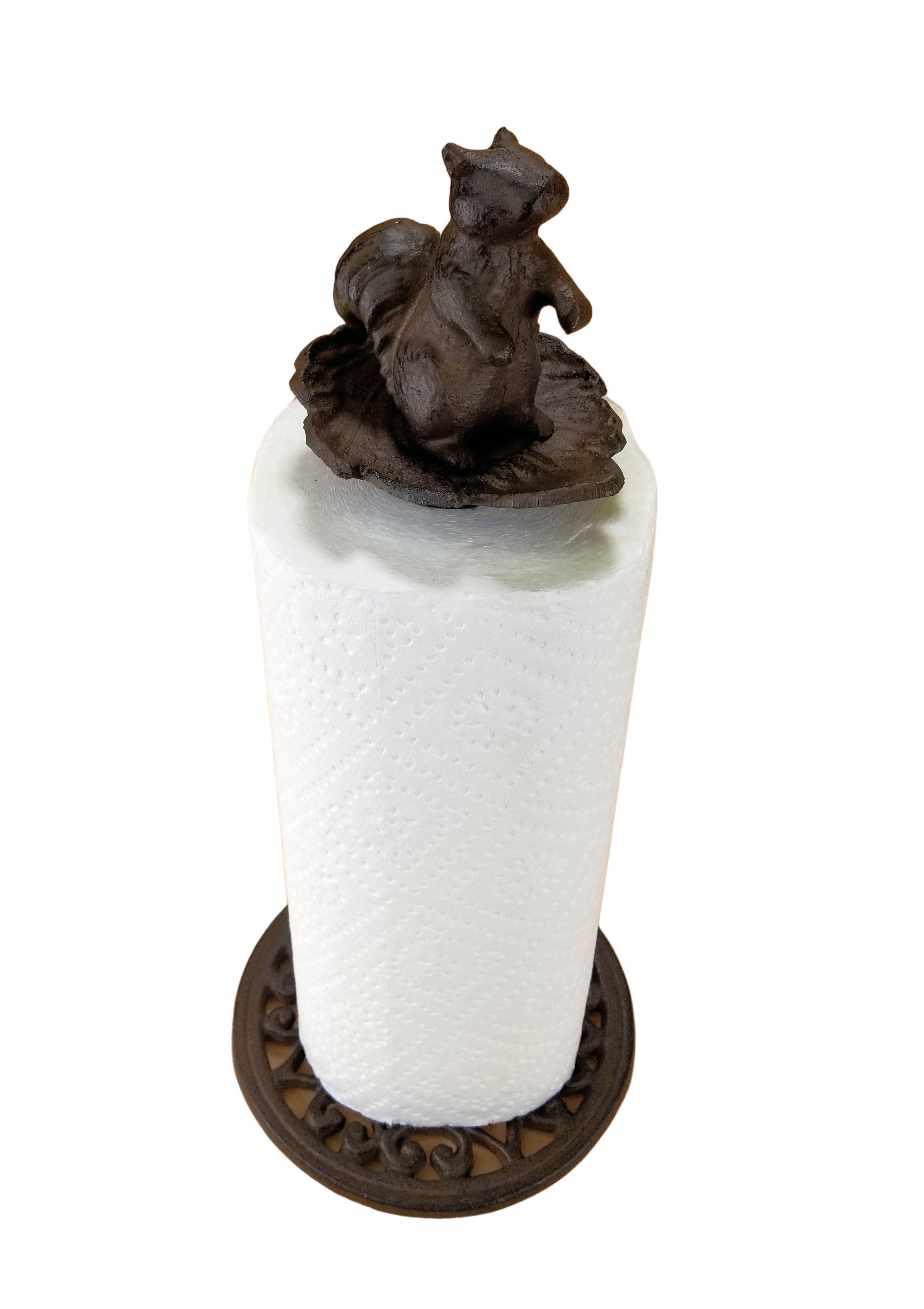 Squirrel in Leaf Paper Towel Holder Countertop Rustic Brown Cast Iron and Aluminum kitchen accessory Carvers Olde Iron 